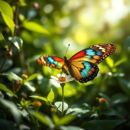A hyper-realistic photograph of a vibrant butterfly perched on a delicate flower in a lush green environment, surrounded by various plants and foliage