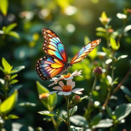 A hyper-realistic photograph of a vibrant butterfly perched on a delicate flower in a lush green environment, surrounded by various plants and foliage