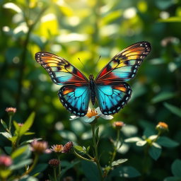 A hyper-realistic photograph of a vibrant butterfly perched on a delicate flower in a lush green environment, surrounded by various plants and foliage
