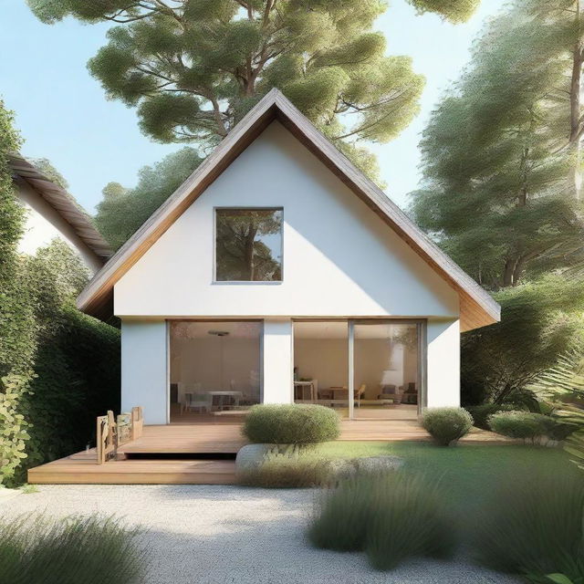 A simple, quaint house with a pitched roof, nestled in a serene environment.