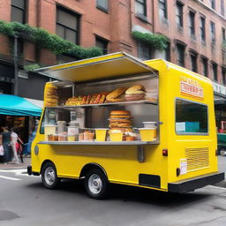 A vibrant and lively food truck parked in a bustling city street, with the serving window open and a delightful aroma wafting around.