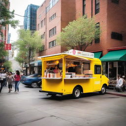 A vibrant and lively food truck parked in a bustling city street, with the serving window open and a delightful aroma wafting around.