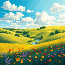A vibrant digital interpretation of an impressionist landscape painting, featuring rolling hills under a bright blue sky scattered with fluffy white clouds