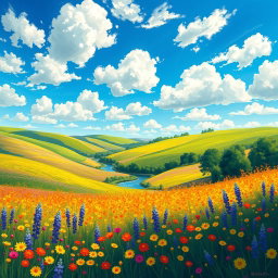 A vibrant digital interpretation of an impressionist landscape painting, featuring rolling hills under a bright blue sky scattered with fluffy white clouds