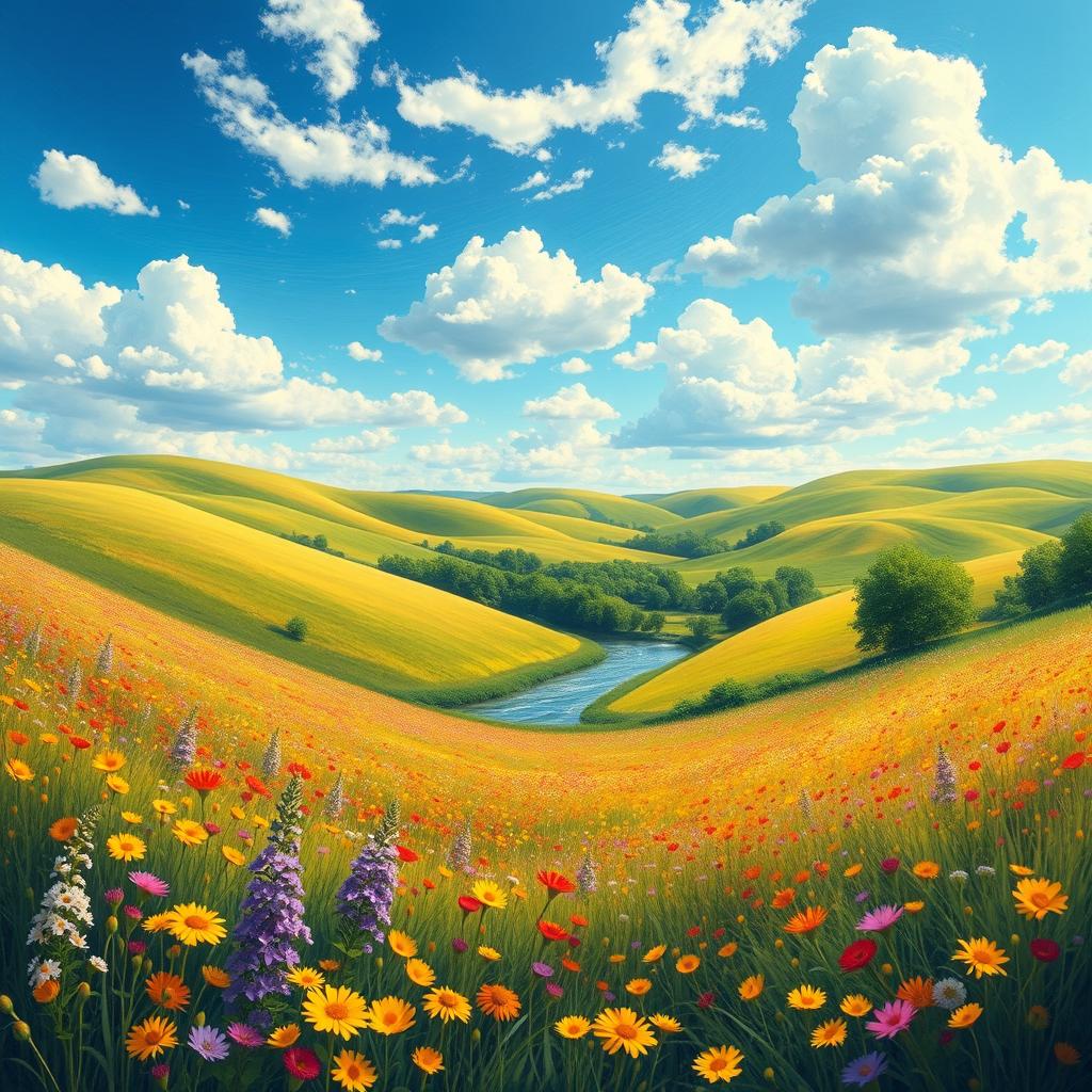 A vibrant digital interpretation of an impressionist landscape painting, featuring rolling hills under a bright blue sky scattered with fluffy white clouds