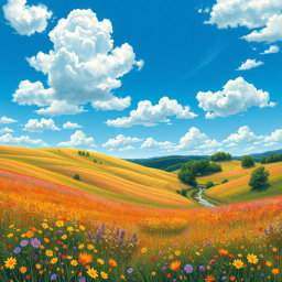 A vibrant digital interpretation of an impressionist landscape painting, featuring rolling hills under a bright blue sky scattered with fluffy white clouds