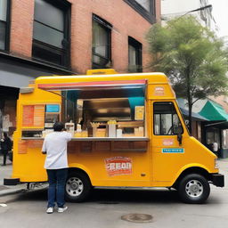 A vibrant and lively food truck parked in a bustling city street, with the serving window open and a delightful aroma wafting around.