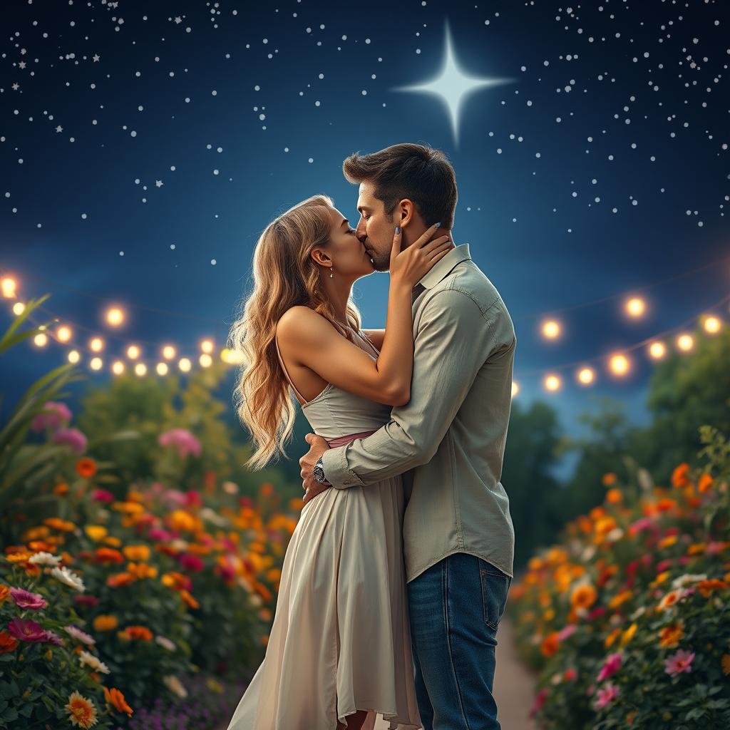 A romantic scene of a couple passionately kissing under a starlit sky, surrounded by softly glowing fairy lights