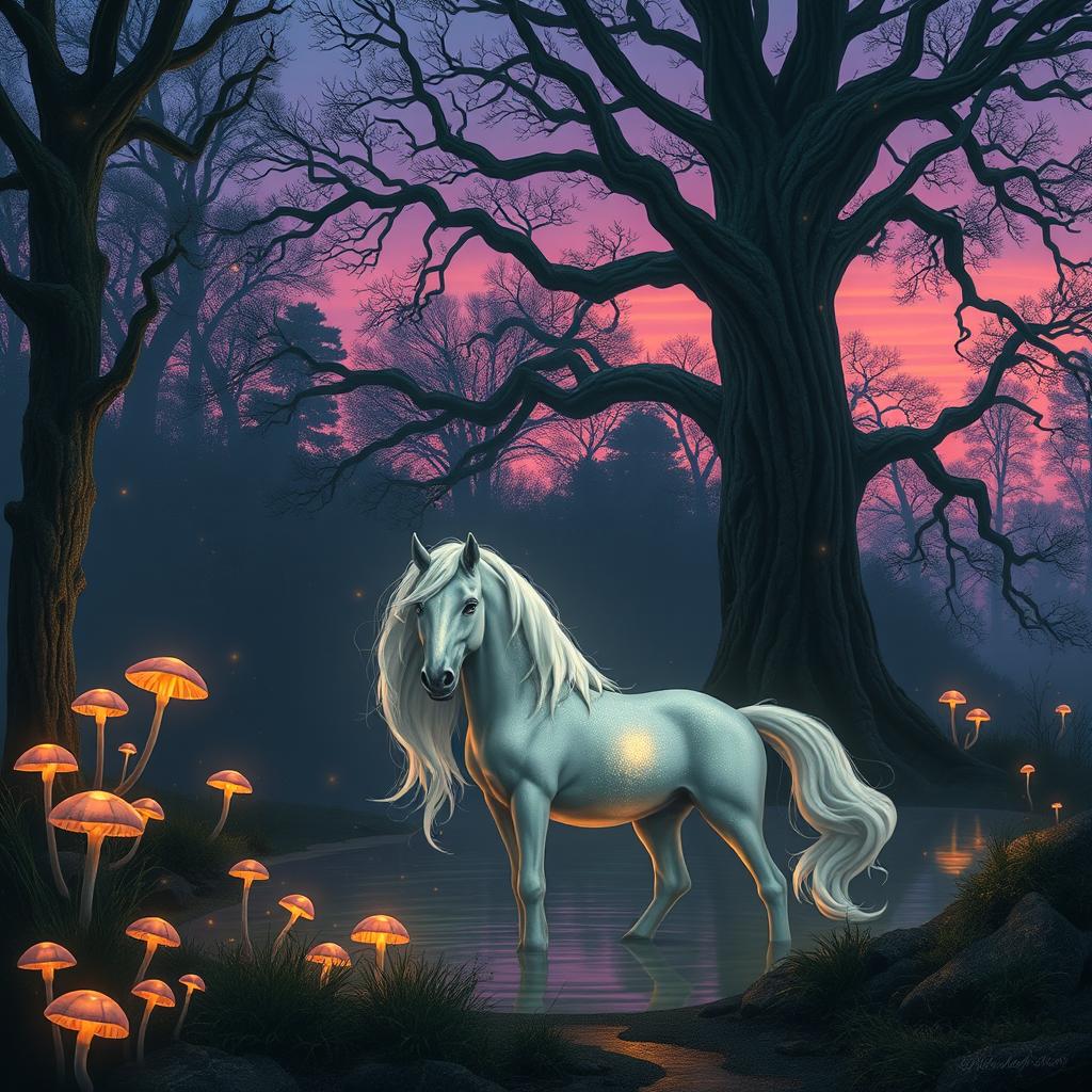 A fantastical forest scene at twilight, with ethereal glowing mushrooms illuminating the surroundings and a gentle mist swirling around