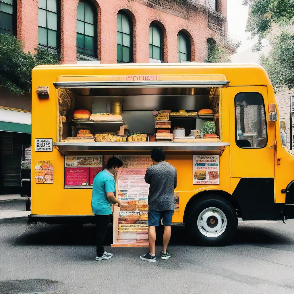 A vibrant and lively food truck parked in a bustling city street, with the serving window open and a delightful aroma wafting around.