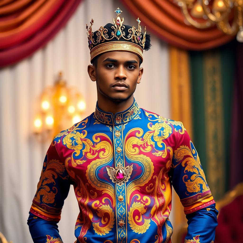 A stylish young man confidently standing, wearing a vibrant King shirt with an intricate design, and donning an ornate golden crown embellished with jewels, symbolizing power and divinity