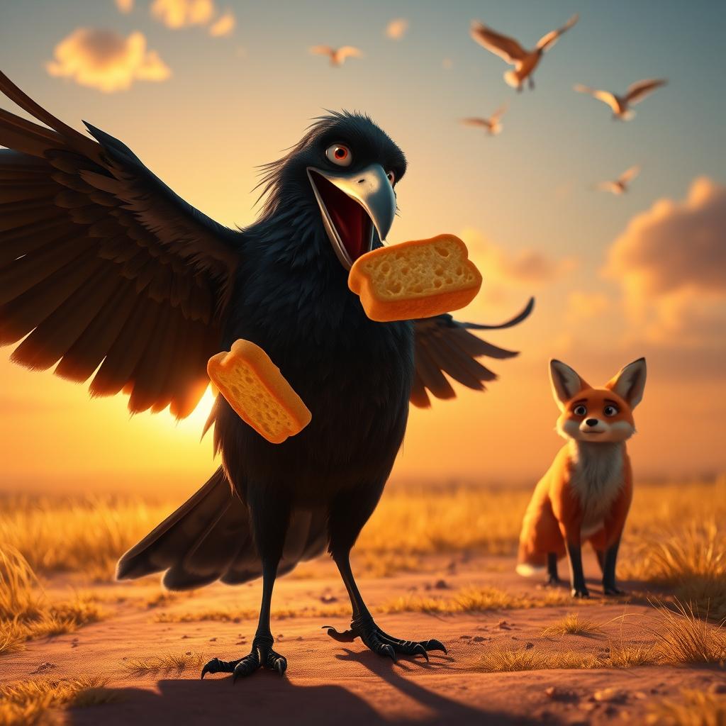 A flattered crow puffing up its chest and opening its beak to caw proudly, with a piece of golden bread falling from its grasp