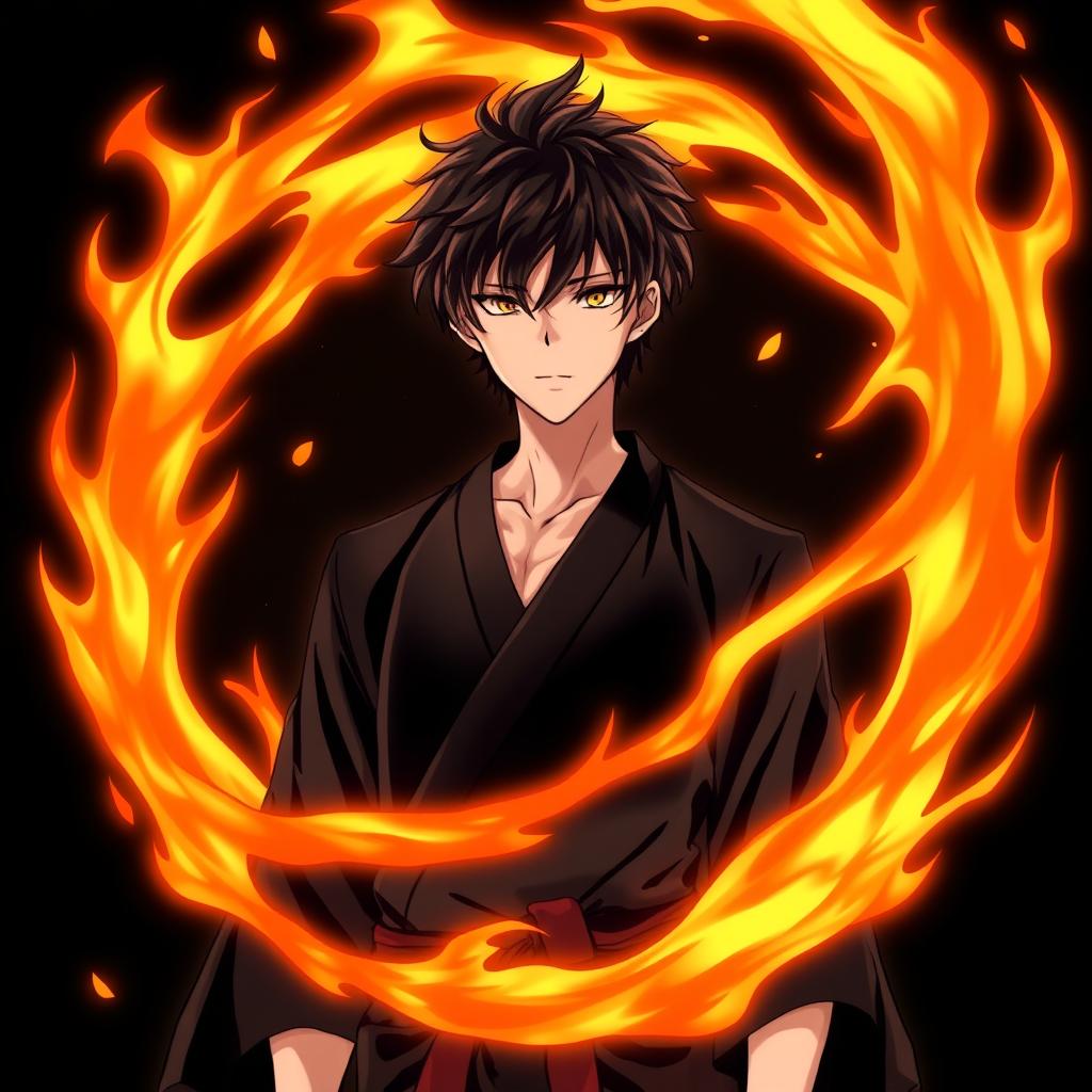 An anime-style illustration of a young male character wearing a sleek black kimono shirt