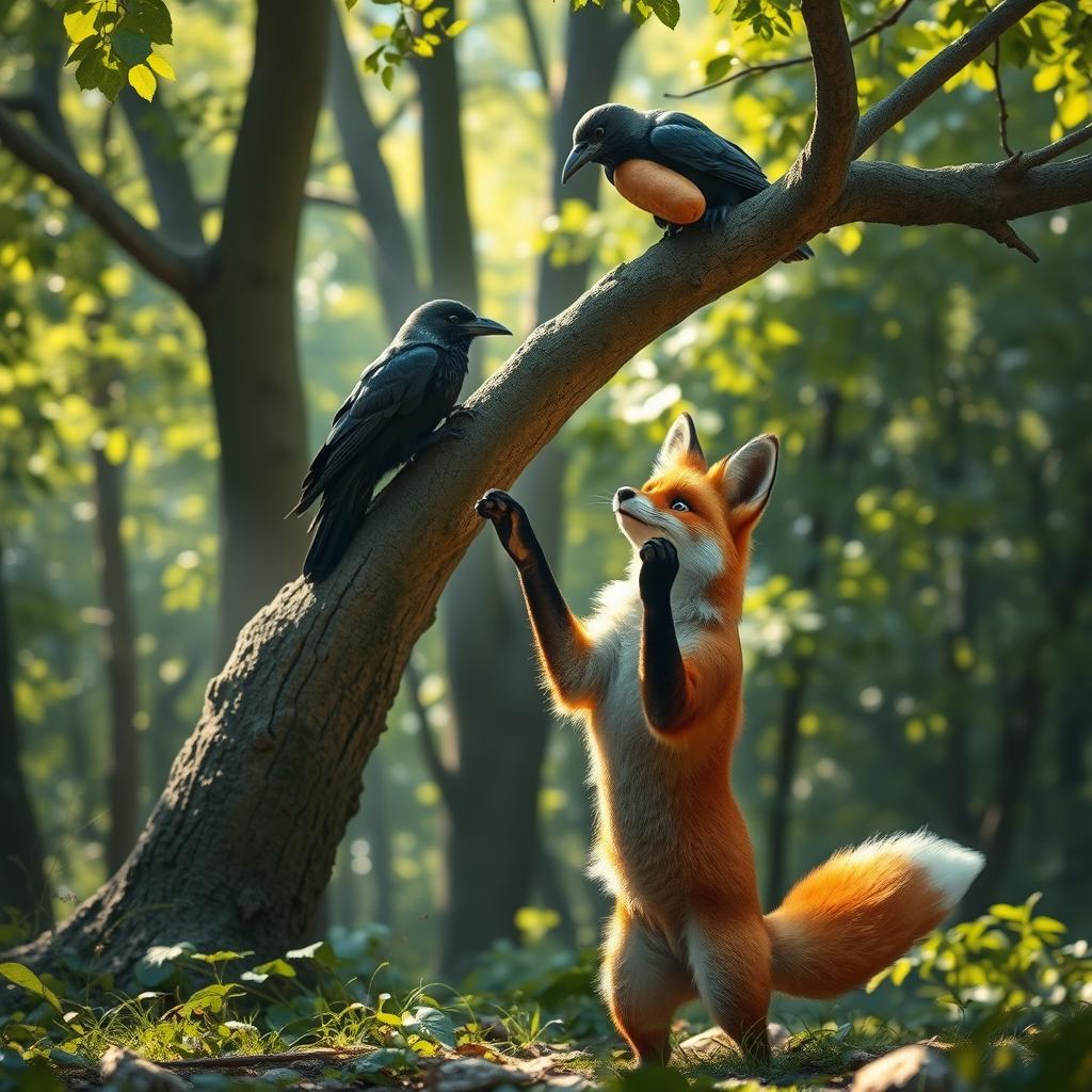 A whimsical scene in a lush forest where a fox stands on its hind legs, dramatically lifting its front paws to flatter a crow