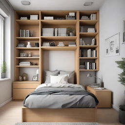 A snug, cozy style small-sized bedroom featuring a medium-sized bed, a study table, two floor bookshelves and two contrasting medium-sized closets, all optimally placed.