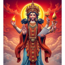 A majestic four-armed deity, exuding an aura of power and wisdom, clad in intricate robes adorned with symbols of ancient cultures