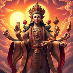 A majestic four-armed deity, exuding an aura of power and wisdom, clad in intricate robes adorned with symbols of ancient cultures