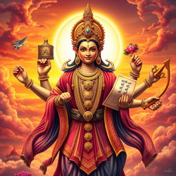 A majestic four-armed deity, exuding an aura of power and wisdom, clad in intricate robes adorned with symbols of ancient cultures