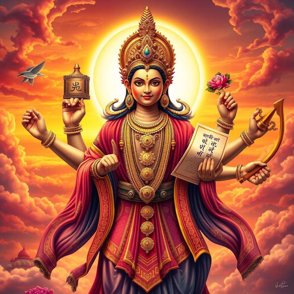 A majestic four-armed deity, exuding an aura of power and wisdom, clad in intricate robes adorned with symbols of ancient cultures