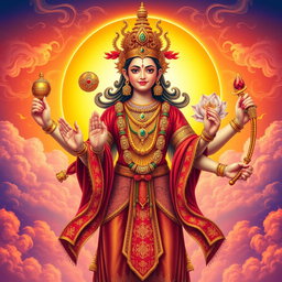 A majestic four-armed deity, exuding an aura of power and wisdom, clad in intricate robes adorned with symbols of ancient cultures