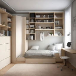 A snug, cozy style small-sized bedroom featuring a medium-sized bed, a study table, two floor bookshelves and two contrasting medium-sized closets, all optimally placed.