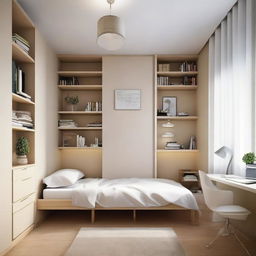 A snug, cozy style small-sized bedroom featuring a medium-sized bed, a study table, two floor bookshelves and two contrasting medium-sized closets, all optimally placed.