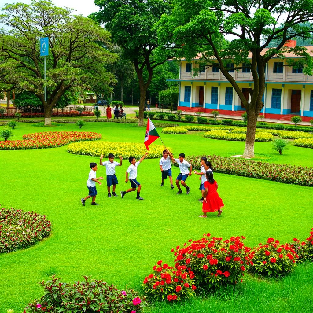 A vibrant school scene set in a green field where a group of students are energetically playing a flag game, showcasing their enthusiasm and camaraderie