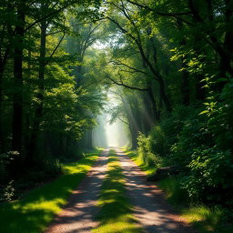 A beautiful, serene pathway in a lush green forest, dappled sunlight filtering through the canopy of trees