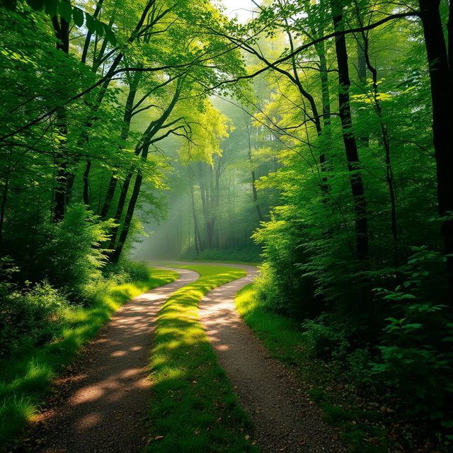 A beautiful, serene pathway in a lush green forest, dappled sunlight filtering through the canopy of trees