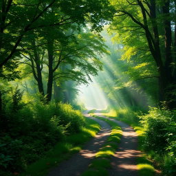 A beautiful, serene pathway in a lush green forest, dappled sunlight filtering through the canopy of trees