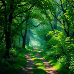 A beautiful, serene pathway in a lush green forest, dappled sunlight filtering through the canopy of trees