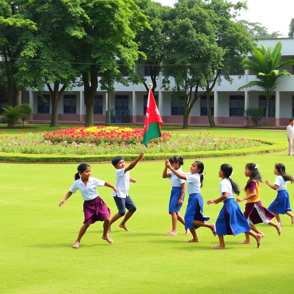 A vibrant school scene set in a lush green field where a group of students joyfully play a flag game, exhibiting energy and teamwork