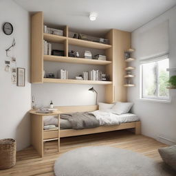 A snug, cozy style small-sized bedroom featuring a medium-sized bed, a study table, two floor bookshelves and two contrasting medium-sized closets, all optimally placed.