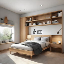 A cozy style, small-sized bedroom equipped with a medium-sized bed, a study table, two distinct floor bookshelves, and two different medium-sized closets, tastefully arranged.