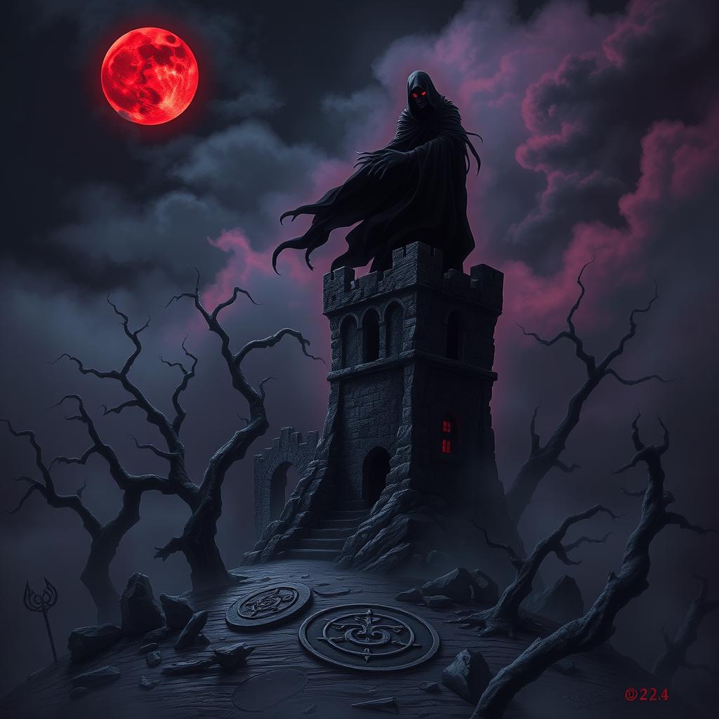 A dark and twisted scene featuring a menacing figure cloaked in shadows, standing atop a ruined castle tower under a blood-red moon