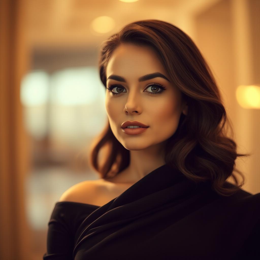 A captivating portrait of a woman with a confident expression, showcasing an elegant outfit that subtly highlights her upper figure