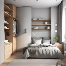 A cozy style, small-sized bedroom equipped with a medium-sized bed, a study table, two distinct floor bookshelves, and two different medium-sized closets, tastefully arranged.