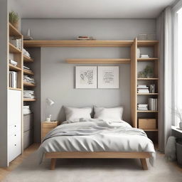 A cozy style, small-sized bedroom equipped with a medium-sized bed, a study table, two distinct floor bookshelves, and two different medium-sized closets, tastefully arranged.