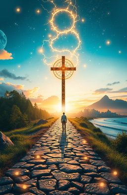 A visually striking scene depicting a mystical crossroad that symbolizes destiny, with four unique paths branching off into various enchanting landscapes