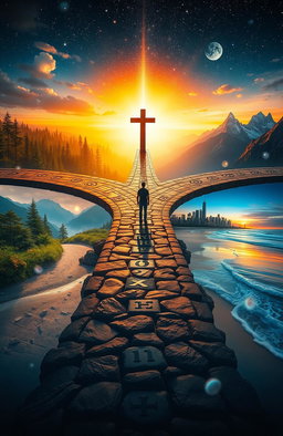 A visually striking scene depicting a mystical crossroad that symbolizes destiny, with four unique paths branching off into various enchanting landscapes