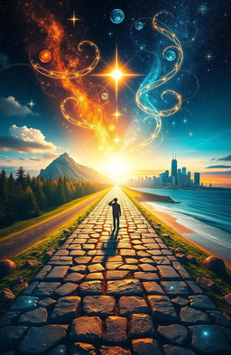 A visually striking scene depicting a mystical crossroad that symbolizes destiny, with four unique paths branching off into various enchanting landscapes