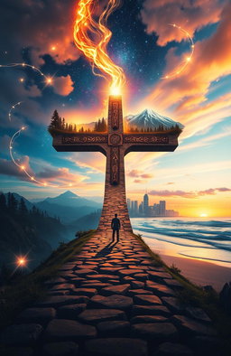 A visually striking scene depicting a mystical crossroad that symbolizes destiny, with four unique paths branching off into various enchanting landscapes