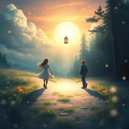 An evocative scene depicting the concept of a story about a boy and a girl destined to meet at a mystical crossroad, yet never crossing paths