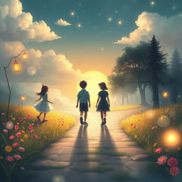 An evocative scene depicting the concept of a story about a boy and a girl destined to meet at a mystical crossroad, yet never crossing paths