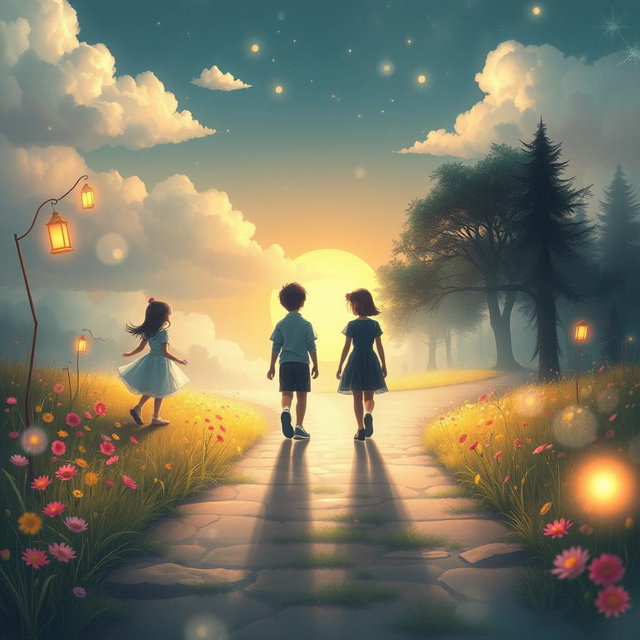 An evocative scene depicting the concept of a story about a boy and a girl destined to meet at a mystical crossroad, yet never crossing paths