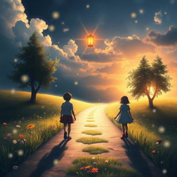 An evocative scene depicting the concept of a story about a boy and a girl destined to meet at a mystical crossroad, yet never crossing paths