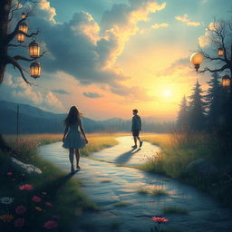An evocative scene depicting the concept of a story about a boy and a girl destined to meet at a mystical crossroad, yet never crossing paths