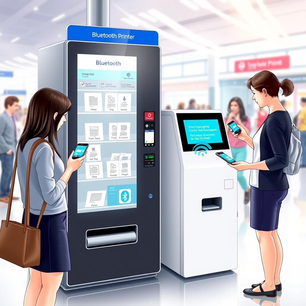 A detailed illustration of a Bluetooth-enabled printer vending machine designed as a self-service kiosk, set in a vibrant indoor environment like an airport or public library