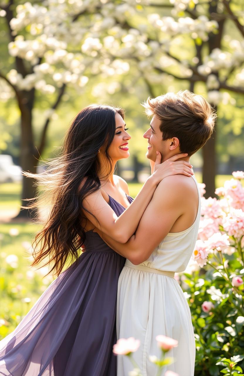 A romantic scene depicting a beautiful woman in her late twenties, passionately in love with a younger man in his early twenties