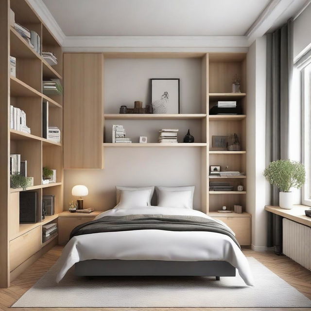 A cozy style, small-sized bedroom equipped with a medium-sized bed, a study table, two distinct floor bookshelves, and two different medium-sized closets, tastefully arranged.